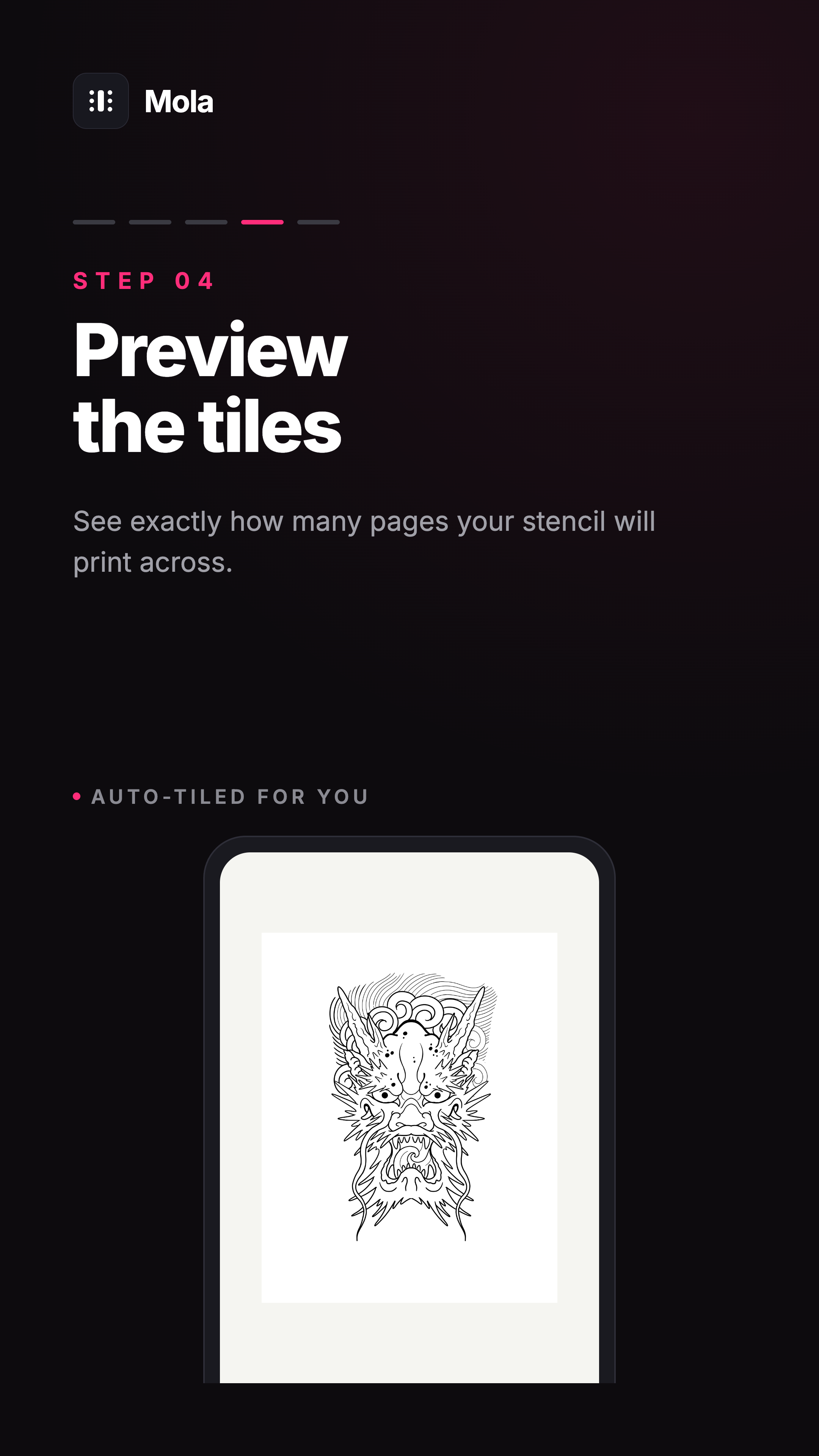Step 4: Generate the tiled PDF — Mola splits your design across A4 pages with crop marks and page labels